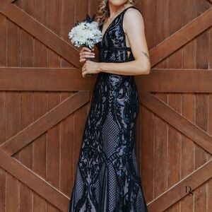 Mori Lee Blue Sequin Embellished Sleeveless Gown